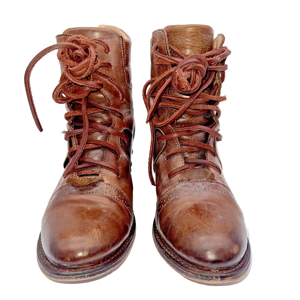 FREEBIRD By STEVEN Cage Lace Up Distressed Brown Leather Boho Heel Boots Women